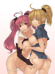 Rule 34 | 10s, 2girls, ahoge, aner (qqan00), antenna hair, archer (dragon nest), ass, ass grab, asymmetrical docking, grabbing another&#039;s breast, breast press, breasts, clothes lift, dragon nest, grabbing, grabbing another&#039;s ass, green eyes, groping, large breasts, long hair, looking away, multiple girls, nipples, no panties, panties, panty pull, pink hair, pointy ears, ponytail, pussy, red eyes, shiny skin, shirt lift, smile, sorceress (dragon nest), twintails, uncensored, underwear, white panties, yuri