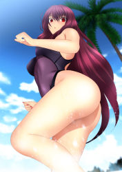 Rule 34 | 1girl, ass, bare arms, bare legs, blush, breasts, cloud, day, fate/grand order, fate (series), from below, highres, legs, long hair, looking at viewer, looking down, medium breasts, nail polish, outdoors, palm tree, parted lips, purple hair, red eyes, red nails, scathach (fate), shiny skin, sky, solo, standing, swimsuit, thighs, tree, yadokari genpachirou