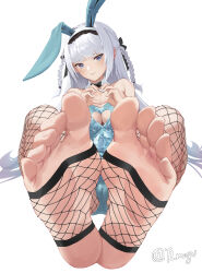 Rule 34 | 1girl, absurdres, animal ears, blue eyes, blue leotard, breasts, cameltoe, cleavage, cleft of venus, clothing cutout, dai-you (tony taka), detached collar, fake animal ears, feet, fishnet pantyhose, fishnets, foot focus, foot pussy, foreshortening, heart, heart cutout, heart hands, highres, large breasts, leotard, long hair, looking at viewer, no shoes, original, pantyhose, playboy bunny, presenting foot, rabbit ears, soles, stirrup legwear, tan liao, toeless legwear, toes, white hair