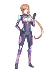 Rule 34 | 1girl, bodysuit, boots, bow, closed mouth, covered navel, eyebrows, eyes visible through hair, full body, gloves, grey eyes, hair bow, hand on own hip, hand up, highres, leg armor, legs apart, long hair, looking at viewer, luzi, neon trim, official art, orange hair, pilot suit, project nimbus, side ponytail, simple background, skin tight, solo, standing, vambraces, very long hair, white background, white bow, yuliana alexandov