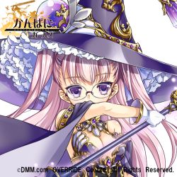Rule 34 | 1girl, annalina rehn, breasts, cape, cleavage, copyright name, frills, glasses, gloves, hat, kanpani girls, keroyon, light purple hair, logo, long hair, official art, purple eyes, solo, staff, two side up, white background, white gloves, witch hat