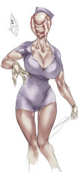 Rule 34 | 1girl, absurdres, artist request, breasts, bubble head nurse, cleavage, creepy, faceless, faceless female, gloves, hat, highres, large breasts, monster girl, no eyes, nurse, nurse (silent hill), nurse cap, pyramid head, shiny skin, silent hill, silent hill (series), silent hill 2, simple background, solo, white gloves