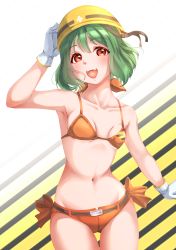 Rule 34 | 1girl, absurdres, arm up, bow, bra, breasts, character request, collarbone, cowboy shot, gloves, gluteal fold, gradient background, green hair, highres, kobayashi nyoromichi, looking at viewer, micro shorts, navel, orange bow, orange bra, orange shorts, short hair, shorts, sideboob, small breasts, solo, standing, striped, striped background, thigh gap, underboob, underwear, white gloves, yellow headwear