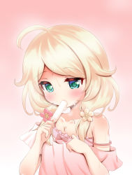 Rule 34 | 1girl, ahoge, blonde hair, blush, camisole, clothes pull, eating, food, green eyes, highres, hosizora mikoto, hot, ice cream, idolmaster, idolmaster cinderella girls, long hair, low twintails, off shoulder, pink background, pink camisole, pink shirt, popsicle, pulling own clothes, shirt, shirt pull, simple background, solo, strap slip, twintails, upper body, yusa kozue