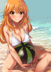 Rule 34 | 1girl, ball, beach, beachball, bikini, blonde hair, breast rest, breasts, cleavage, day, earrings, female focus, fingernails, gradient background, green eyes, highres, hoshii miki, idolmaster, idolmaster (classic), jewelry, kurokin, large breasts, long hair, looking at viewer, partially submerged, shiny skin, sitting, skindentation, smile, solo, stud earrings, swimsuit, wet