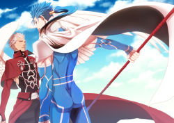 Rule 34 | 2boys, archer (fate), blue hair, cape, capelet, cu chulainn (fate), fate/stay night, fate/zero, fate (series), gae bolg (fate), getueika, cu chulainn (fate/stay night), long hair, multiple boys, polearm, ponytail, red eyes, spear, weapon, white hair, wings