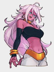 Rule 34 | 1girl, :d, android 21, blue eyes, breasts, cleavage, colored skin, dragon ball, dragon ball fighterz, earrings, grey background, hoop earrings, jewelry, kemachiku, long hair, majin android 21, medium breasts, midriff, navel, open mouth, pink hair, pink skin, simple background, smile, solo, tail, teeth, upper teeth only