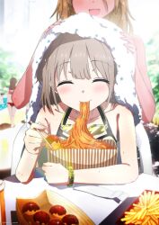 Rule 34 | 2girls, ^ ^, absurdres, blush, brown hair, chopsticks, closed eyes, collarbone, commentary request, drying, drying hair, earrings, eating, fingernails, food, french fries, goggles, goggles around neck, grey hair, highres, holding, holding chopsticks, idolmaster, idolmaster shiny colors, izumi mei, jewelry, misaki nonaka, multiple girls, outdoors, people, serizawa asahi, smile, solo focus, star (symbol), star earrings, swim goggles, takoyaki, towel, towel on head, twitter username, wet, wet hair, white towel, yakisoba