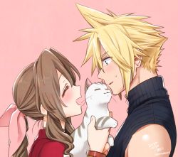 Rule 34 | 1boy, 1girl, 2020, :d, aerith gainsborough, animal, bad id, bad pixiv id, black sweater, blonde hair, blue eyes, blush, bow, bracelet, braid, braided ponytail, brown hair, cat, closed eyes, cloud strife, dated, earrings, final fantasy, final fantasy vii, from side, hair between eyes, hair bow, holding, holding animal, holding cat, jacket, jewelry, krudears, long hair, open mouth, pink background, pink bow, ponytail, portrait, profile, red jacket, ribbed sweater, short hair, simple background, single braid, sleeveless, sleeveless sweater, smile, spiked hair, sweatdrop, sweater, twitter username