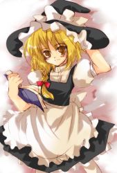 Rule 34 | 1girl, apron, black hat, black skirt, black vest, blonde hair, blush, book, bow, braid, brown eyes, eyebrows, female focus, frilled apron, frills, hair bow, hand on headwear, hat, hat bow, holding, holding book, kirisame marisa, looking at viewer, open book, pantyhose, puffy short sleeves, puffy sleeves, red bow, shirt, short sleeves, single braid, sketch, skirt, smile, solo, touhou, vest, waist apron, white apron, white bow, white pantyhose, white shirt, witch hat