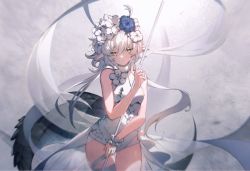 Rule 34 | 1girl, ahoge, arknights, blue flower, blurry, breasts, closed mouth, cowboy shot, crocodilian tail, depth of field, dress, flower, grey background, hair between eyes, hair flower, hair ornament, highres, holding, large tail, leg ribbon, long hair, looking at viewer, medium breasts, official alternate costume, pointy ears, ribbon, sash, short dress, silver hair, sleeveless, sleeveless dress, solo, tail, thighs, tomimi (arknights), tomimi (silent night) (arknights), turtleneck, turtleneck dress, twintails, white dress, white flower, white ribbon, wrist cuffs, yellow eyes, yingxiong abubu