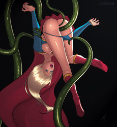 Rule 34 | 1girl, anal, black background, blonde hair, blue eyes, boots, breasts, cape, dc comics, double penetration, gold hair, highres, large breasts, long hair, miniskirt, multiple penetration, nipples, open mouth, pussy, rape, red cape, restrained, simple background, skirt, supergirl, superhero costume, tentacle sex, tentacles, vaginal