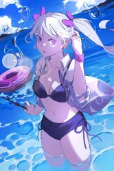 Rule 34 | bikini, black clover, blue bikini, bubble, grey hair, hair ribbon, highres, holding, holding wand, in water, looking at viewer, low twintails, noelle silva, open clothes, open shirt, parted lips, poonwip, purple eyes, purple ribbon, ribbon, shirt, swimsuit, twintails, wand, water, wet, wet clothes, wet shirt, white shirt