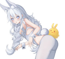 Rule 34 | 1girl, :o, absurdres, animal ears, ass, azur lane, bad id, bad pixiv id, bent over, blue eyes, braid, breasts, fake animal ears, highres, le malin (azur lane), le malin (listless lapin) (azur lane), leotard, long hair, looking at viewer, official alternate costume, olishi08, pantyhose, playboy bunny, rabbit ears, rabbit tail, revealing clothes, simple background, small breasts, solo, tail, thigh strap, twin braids, very long hair, white background, white hair, white leotard, white pantyhose, wrist cuffs