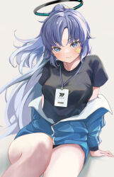 Rule 34 | 1girl, absurdres, black shirt, blue archive, blue buruma, blue eyes, blue hair, blue jacket, blush, buruma, closed mouth, commentary, dot nose, grey background, gym shirt, gym uniform, halo, highres, id card, jacket, lanyard, long hair, looking at viewer, off shoulder, official alternate costume, parted bangs, partially unzipped, peropicnic, shirt, simple background, sitting, solo, star sticker, sticker on face, t-shirt, thighs, track jacket, yuuka (blue archive), yuuka (track) (blue archive)