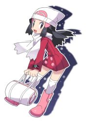 Rule 34 | 00s, 16 ban, 1girl, alternate costume, bad id, bad pixiv id, bag, black eyes, black hair, boots, creatures (company), dawn (pokemon), full body, game freak, hair ornament, hairclip, hat, nintendo, pink footwear, pokemon, pokemon dppt, poketch, scarf, simple background, smile, solo, thighhighs, watch, white background, white scarf, winter clothes, wristwatch