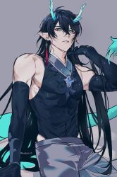 Rule 34 | 1boy, arm support, bare shoulders, black gloves, black sleeves, chinese clothes, dan feng (honkai: star rail), dan heng (honkai: star rail), dan heng (imbibitor lunae) (honkai: star rail), detached sleeves, dragon boy, dragon horns, dragon tail, earrings, eyeliner, gloves, green eyes, green horns, grey background, grey pants, hair between eyes, highres, honkai: star rail, honkai (series), horns, jewelry, long hair, long sleeves, male focus, nulsom 0, pants, parted bangs, pointy ears, red eyeliner, simple background, solo, tail, twitter username, upper body, wet, wet clothes