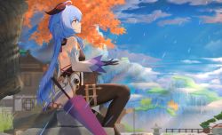 Rule 34 | absurdres, ahoge, back, backless outfit, bare shoulders, black gloves, black legwear, blue hair, blue sky, bow, breasts, building, detached sleeves, from side, ganyu (genshin impact), genshin impact, gloves, gold trim, highres, horns, kuwahara taiki, landscape, long hair, looking to the side, low ponytail, medium breasts, outdoors, rain, sidelocks, sitting, sky, solo, thighlet, tree, umbrella, waist cape, white sleeves