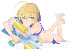 Rule 34 | 1girl, :t, ahoge, artoria pendragon (all), artoria pendragon (fate), artoria pendragon (swimsuit archer) (fate), artoria pendragon (swimsuit archer) (first ascension) (fate), ass, ball, bare arms, bare legs, bare shoulders, beachball, bikini, blonde hair, blue ribbon, blush, breasts, butt crack, closed mouth, fate/grand order, fate (series), foreshortening, full body, green eyes, hair between eyes, hair ribbon, hayashi kewi, legs up, looking at viewer, lying, no socks, on stomach, pout, ribbon, saber (fate), short hair, simple background, small breasts, solo, swimsuit, trigger discipline, water gun, white background