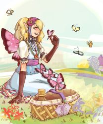 Rule 34 | 1girl, agitha, artist request, basket, blonde hair, bug, butterfly, earrings, gloves, gothic lolita, insect, jewelry, lolita fashion, long hair, nintendo, pointy ears, smile, solo, the legend of zelda, the legend of zelda: twilight princess, twintails, wings