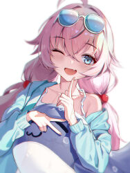 Rule 34 | 1girl, absurdres, ahoge, amamiyayk, bikini, blue archive, blue eyes, blue jacket, blush, collarbone, eyewear on head, fang, fingernails, hair bobbles, hair ornament, highres, hoshino (blue archive), hoshino (swimsuit) (blue archive), index finger raised, inflatable toy, inflatable whale, jacket, long hair, long sleeves, looking at viewer, one eye closed, open clothes, open jacket, open mouth, pink hair, simple background, skin fang, smile, solo, swimsuit, upper body, white background, white bikini