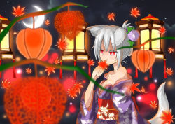 Rule 34 | 1girl, akasabi, animal ears, autumn leaves, bare shoulders, breasts, chinese lantern (plant), cleavage, collarbone, crescent moon, flower, hair flower, hair ornament, highres, inubashiri momiji, japanese clothes, kimono, leaf, looking at viewer, maple leaf, moon, morning glory, red eyes, short hair, silver hair, solo, tail, touhou, wolf ears, wolf tail, yukata