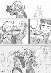 Rule 34 | 1boy, 2girls, adepta sororitas, adeptus astartes, armor, blush, comic, drinking, greyscale, hands on another&#039;s cheeks, hands on another&#039;s face, lutherniel, monochrome, multiple boys, multiple girls, pointing, power armor, warhammer 40k