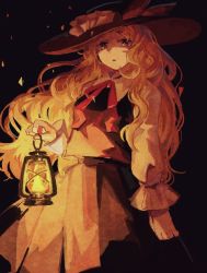 Rule 34 | 1girl, blonde hair, breasts, brown skirt, brown vest, collared shirt, extra, frilled hat, frills, hat, hat feather, holding lamp, jacket girl (dipp), lamp, long hair, long sleeves, mushiao, open mouth, red eyes, red neckwear, red ribbon, ribbon, shirt, skirt, small breasts, touhou, very long hair, vest, wavy hair, white shirt