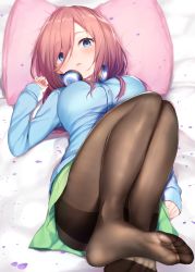 Rule 34 | 1girl, blue cardigan, blue eyes, blush, breasts, brown pantyhose, buttons, cardigan, feet, go-toubun no hanayome, green skirt, hair between eyes, headphones, headphones around neck, highres, large breasts, long hair, long sleeves, looking at viewer, lying, maosame, nakano miku, no shoes, on back, on bed, pantyhose, petals, pillow, red hair, shirt, skirt, sleeves past wrists, soles, solo, thighband pantyhose, toes, white shirt