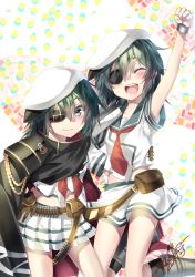 Rule 34 | 10s, 2girls, armor, artist name, bad id, bad pixiv id, cape, dated, dual persona, eyepatch, green eyes, green hair, hat, kantai collection, kiso (kancolle), multiple girls, neckerchief, open mouth, pauldrons, pleated skirt, red neckerchief, remo, remodel (kantai collection), sailor collar, sailor hat, school uniform, serafuku, short hair, short sleeves, shoulder armor, signature, skirt, smile, teeth, white hat, white skirt, yuihira asu
