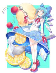 Rule 34 | 13 (spice!!), 1girl, alternate costume, aqua background, aqua eyes, bad id, bad pixiv id, blouse, blue bow, blue hair, blue skirt, bow, cherry, cirno, food, food-themed clothes, footwear bow, frills, fruit, gradient background, hair between eyes, hair bow, high heels, highres, ice, ice wings, navel, neck ribbon, orange (fruit), orange slice, red bow, red footwear, red ribbon, ribbon, see-through, see-through skirt, shirt, shoes, short ponytail, skirt, sleeveless, smile, solo, spoon, tongue, tongue out, touhou, white shirt, wings, wrist ribbon