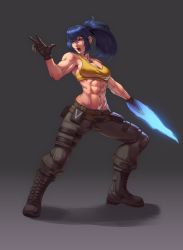 Rule 34 | 1girl, abs, ammunition pouch, armlet, artoflec, bare shoulders, belt, biceps, blue eyes, blue hair, breasts, camouflage, camouflage pants, dog tags, earrings, gloves, highres, jewelry, leona heidern, midriff, military, military uniform, muscular, muscular female, pants, ponytail, pouch, sleeveless, solo, standing, tank top, the king of fighters, the king of fighters xv, triangle earrings, uniform, yellow tank top