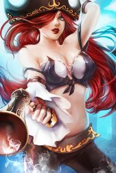 Rule 34 | 1girl, allison chan, breasts, cleavage, gun, hair over one eye, hat, large breasts, league of legends, lips, long hair, midriff, miss fortune (league of legends), pirate, red hair, solo, weapon