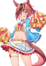 Rule 34 | 1girl, absurdres, animal ears, belt, blue jacket, blush, bow, breasts, brown eyes, chain, commentary request, cowboy shot, cropped shirt, ear ornament, gold chain, highres, holding, holding pom poms, horse ears, horse girl, horse tail, jacket, long sleeves, medium hair, midriff, multicolored hair, navel, nice nature (run&amp;win) (umamusume), nice nature (umamusume), official alternate costume, official alternate hairstyle, olecafe2, open clothes, open jacket, open mouth, partial commentary, pom pom (cheerleading), pom poms, red bow, red hair, sailor collar, shirt, shorts, simple background, skirt, small breasts, smile, solo, streaked hair, sweat, tail, thigh strap, umamusume, white background, white shirt, white skirt, yellow belt, yellow shorts