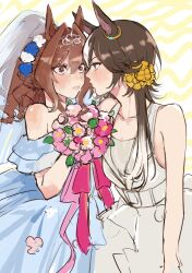 Rule 34 | 2girls, @ @, animal ears, banira (oocooocooocoo), bare shoulders, blue dress, blue flower, blush, bouquet, bridal veil, bride, brown eyes, brown hair, commentary request, daiwa scarlet (something blue) (umamusume), daiwa scarlet (umamusume), dress, eye contact, female focus, flower, hair between eyes, hair flower, hair intakes, hair ornament, hair over one eye, highres, holding, holding bouquet, horse ears, horse girl, long hair, looking at another, matching hair/eyes, multicolored hair, multiple girls, off-shoulder dress, off shoulder, official alternate costume, pink flower, red eyes, see-through, sleeveless, sleeveless dress, sweat, tiara, two-tone hair, umamusume, veil, vodka (heart ignition!!) (umamusume), vodka (umamusume), wedding dress, white dress, white flower, white hair, wife and wife, yellow flower, yuri