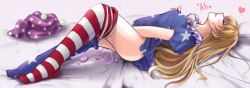 Rule 34 | 1girl, american flag dress, american flag legwear, bed sheet, blonde hair, blue dress, blue pantyhose, blush, breasts, closed eyes, clothes pull, clownpiece, commentary request, dress, egg vibrator, female masturbation, from side, full body, grabbing own breast, grin, hat, heart, highres, implied fingering, jester cap, knees up, long hair, lying, masturbation, nipple stimulation, nipple tweak, no panties, no shoes, on back, pantyhose, pantyhose pull, parted lips, polka dot, polka dot headwear, profile, purple hat, pussy juice, red pantyhose, riria (liry a flower), sex toy, short sleeves, small breasts, smile, solo, star (symbol), star print, striped clothes, striped pantyhose, thighs, touhou, unworn hat, unworn headwear, very long hair, vibrator