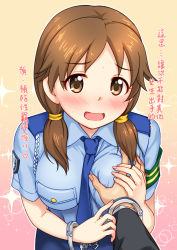 Rule 34 | !, !?, 10s, 1boy, 1girl, absurdres, blush, grabbing another&#039;s breast, breasts, brown eyes, brown hair, business suit, chinese text, cuffs, forced, formal, grabbing, groping, guided breast grab, guiding hand, handcuffs, hetero, highres, holding another&#039;s wrist, idolmaster, idolmaster cinderella girls, jakelian, katagiri sanae, large breasts, looking at viewer, necktie, open mouth, police, police uniform, policewoman, producer (idolmaster), producer (idolmaster cinderella girls anime), solo focus, suit, sweat, traditional chinese text, translation request, twintails, uniform
