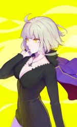 Rule 34 | 1girl, ahoge, black dress, blonde hair, breasts, cigarette, cleavage, collarbone, dress, fate (series), fur trim, highres, holding, holding clothes, holding jacket, jacket, jeanne d&#039;arc (fate), jeanne d&#039;arc alter (avenger) (fate), jeanne d&#039;arc alter (fate), jewelry, large breasts, necklace, short hair, smoking, solo, standing, timbougami, unzipped, yellow background, yellow eyes
