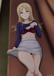 Rule 34 | 1girl, blonde hair, blue eyes, bra, braid, breasts, clothes lift, collarbone, couch, hand up, hayasaka ai, high-waist skirt, indoors, inoshira, jewelry, kaguya-sama wa kokurasetai ~tensai-tachi no renai zunousen~, lifted by self, long hair, long sleeves, looking at viewer, lying, medium breasts, necklace, on back, on couch, panties, parted bangs, parted lips, red bra, red panties, shiny skin, shirt lift, single braid, skirt, solo, thighs, twitter username, underwear, white skirt