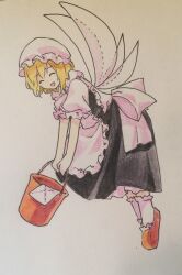 Rule 34 | 1girl, absurdres, apron, black dress, brown footwear, bucket, closed eyes, colored pencil (medium), commentary request, dress, fairy maid (touhou), fairy wings, frilled apron, frilled socks, frills, hat, highres, holding, holding bucket, kaigen 1025, maid, mob cap, open mouth, petticoat, puffy short sleeves, puffy sleeves, shirt, short hair, short sleeves, simple background, smile, socks, solo, touhou, traditional media, white apron, white background, white hat, white shirt, wings