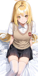 Rule 34 | 1girl, absurdres, black skirt, blonde hair, blue archive, blush, brown vest, closed mouth, collared shirt, commentary, feet out of frame, gloves, hair between eyes, halo, highres, long hair, looking at viewer, not forever2w, pleated skirt, school uniform, shirt, shokuhou misaki, short sleeves, simple background, skirt, smile, solo, sparkling eyes, symbol-only commentary, thighhighs, toaru kagaku no railgun, toaru majutsu no index, tokiwadai school uniform, vest, white background, white gloves, white shirt, white thighhighs, yellow eyes, yellow halo