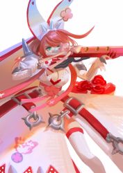 Rule 34 | 1girl, absurdres, aqua eyes, bad id, bad twitter id, breasts, cleavage cutout, clothing cutout, clover, dress, elphelt valentine, firing, guilty gear, guilty gear xrd, gun, hairband, highres, holding, holding gun, holding weapon, large breasts, looking away, ms. confille, pink hair, revolver rifle, rifle, short hair, solo, thighhighs, weapon