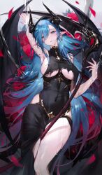 Rule 34 | 1girl, absurdres, armpits, azur lane, black dress, black horns, black wings, blue eyes, blue hair, breasts, covered navel, demon wings, dress, flower, halloween costume, highres, hip vent, horns, large breasts, long bangs, long hair, looking at viewer, mary celeste (azur lane), mary celeste (grim night&#039;s reaper) (azur lane), official alternate costume, parted lips, pointy ears, qiandaiyiyu, red flower, red rose, rose, scythe, solo, torn clothes, torn dress, wet, wings
