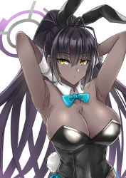 Rule 34 | 1girl, animal ears, armpits, arms up, black hair, black leotard, blue archive, blush, bow, bowtie, breasts, cleavage, closed mouth, dark-skinned female, dark skin, detached collar, fake animal ears, halo, highleg, highleg leotard, highres, karin (blue archive), karin (bunny) (blue archive), large breasts, leotard, looking at viewer, minarai, playboy bunny, rabbit ears, simple background, solo, traditional bowtie, upper body, white background, wide hips, yellow eyes