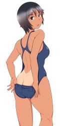 Rule 34 | 1girl, ass, black eyes, black hair, breasts, butt crack, clothes pull, competition swimsuit, highleg, highleg swimsuit, kneepits, looking at viewer, medium breasts, one-piece swimsuit, one-piece swimsuit pull, open mouth, original, short hair, solo, swimsuit, tan, tanaka rikimaru, tanline, white background