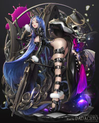 Rule 34 | 1girl, absurdly long hair, arm belt, artist name, ass, bent over, black footwear, black thighhighs, blue eyes, blue hair, bow (weapon), breasts, crossbow, dadachyo, ear piercing, facial mark, forehead mark, fur trim, headgear, high heels, highleg, highleg leotard, horns, latex, latex leotard, leaning forward, leg belt, legs, leotard, long hair, long legs, long sleeves, looking at viewer, medium breasts, one eye closed, parted bangs, parted lips, piercing, pink lips, sangokushi taisen, scythe, shiny clothes, shiny skin, shoes, sideboob, single thighhigh, skull, solo, spiked leg band, spikes, tassel, thigh strap, thighhighs, turtleneck, very long hair, watermark, weapon, web address