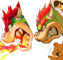 Rule 34 | 2boys, angry, bowser, bowser jr., breath weapon, breathing fire, fang, fire, flying sweatdrops, from side, grey background, horns, jiiniix, male focus, mario (series), multiple boys, multiple views, nintendo, open mouth, red hair, sharp teeth, short hair, simple background, teeth, tongue