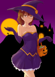 Rule 34 | 1girl, alternate costume, bare legs, bare shoulders, breasts, cleavage, clenched hand, collarbone, cowboy shot, crossed legs, dress, elbow gloves, female focus, flower, full moon, gloves, hair between eyes, hair flower, hair ornament, halloween, halloween costume, hands up, hat, jack-barro, jack-o&#039;-lantern, legs, looking at viewer, medium breasts, miniskirt, misaka mikoto, moon, naughty face, neck, orange eyes, parted lips, pleated skirt, purple dress, purple gloves, purple hat, purple sky, short dress, skirt, sky, smile, solo, standing, strapless, strapless dress, toaru majutsu no index, watson cross, white flower, witch, witch hat