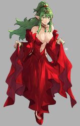 Rule 34 | 1girl, absurdres, alternate costume, breasts, cleavage, clothes lift, commentary, dress, dress lift, earrings, english commentary, evening gown, fire emblem, fire emblem awakening, frilled dress, frills, green eyes, green hair, hair ribbon, high heels, highres, jewelry, large breasts, long hair, navel, nintendo, ponytail, red dress, red footwear, red ribbon, ribbon, sakuremi, solo, tiara, tiki (adult) (fire emblem), tiki (fire emblem)