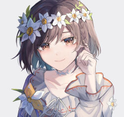 Rule 34 | 1girl, braid, brown eyes, brown hair, chinese commentary, choker, closed mouth, collarbone, commentary request, flower, frilled sleeves, frills, hand in own hair, hand up, head wreath, highres, kaedetou, kagirinaku haiiro e (vocaloid), long sleeves, looking at viewer, mitasarenai pale color (project sekai), mixed-language commentary, official alternate costume, partial commentary, portrait, project sekai, shinonome ena, short hair, simple background, smile, solo, white background, white flower